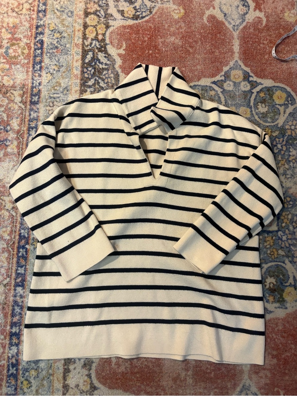Pomander Place Cream & Black Striped V-Neck Shawl Collar Sweater